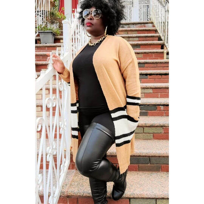 Camel Striped 3/4 Cardigan