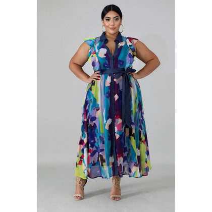 Pretty Abstract Button Front Dress-Curvy