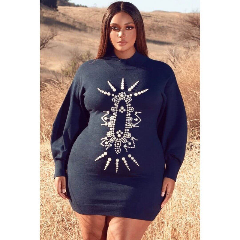 Navy Pearled Mini Sweater Dress-CURVY