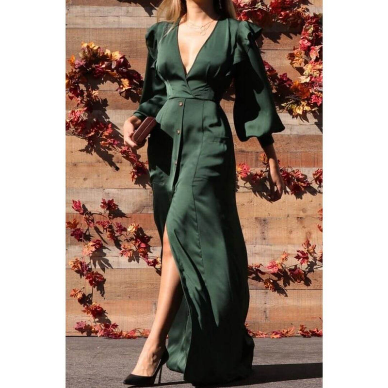 slim fit dress slacks Hunter Green Velvet One Shoulder Long Sleeves Column High Slit Formal Dresses, CP0831 US2 / As Pic main image 0