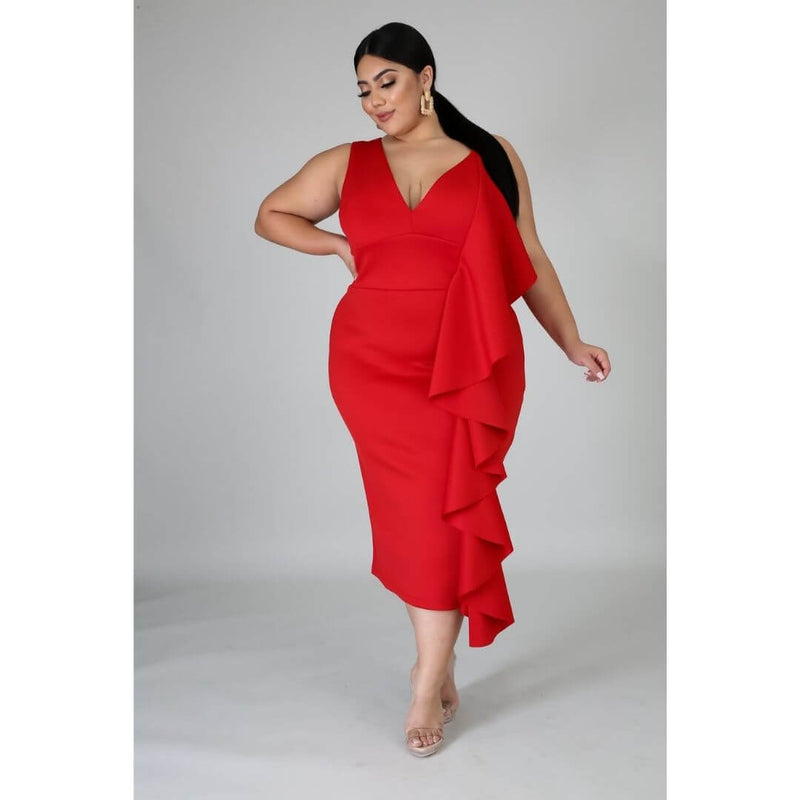 The Lady in Red Ruffle Dress- CURVY